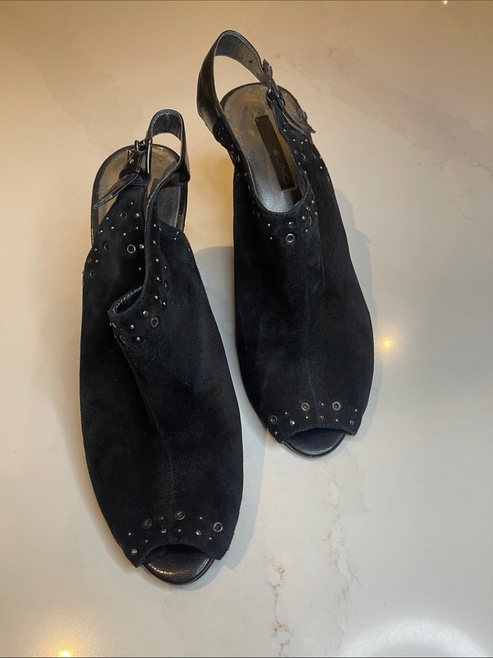 Bandolino Black Suede Peep-Toe Slingback Mules with Stud Accents